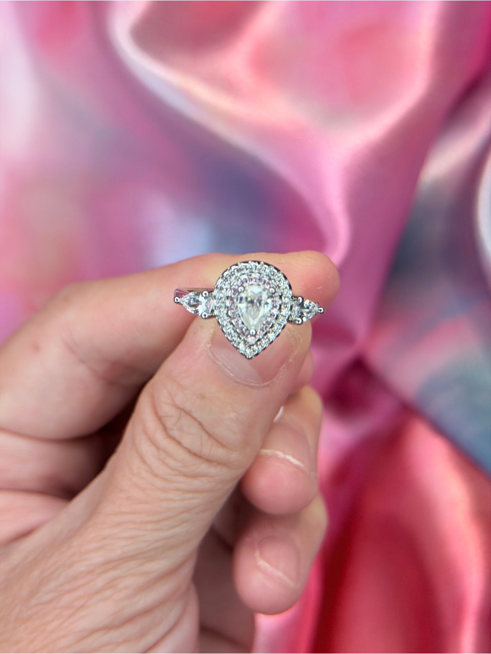 New 1 carat Moissanite Pear Shape double halo ring light pink accent stones